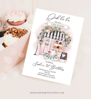 Editable Paris Birthday Invitation Girl Tea Party Invite Pink Floral French Parisian Cafe Patisserie Printable Template Corjl Digital 0441