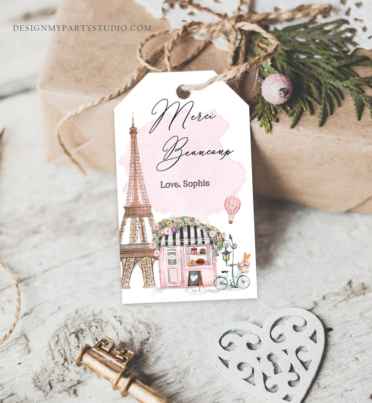 Editable Paris Birthday Favor Tag Merci Beaucoup French Patisserie Parisian Cafe French Baby Shower Gift Tag Digital Corjl Template 0441