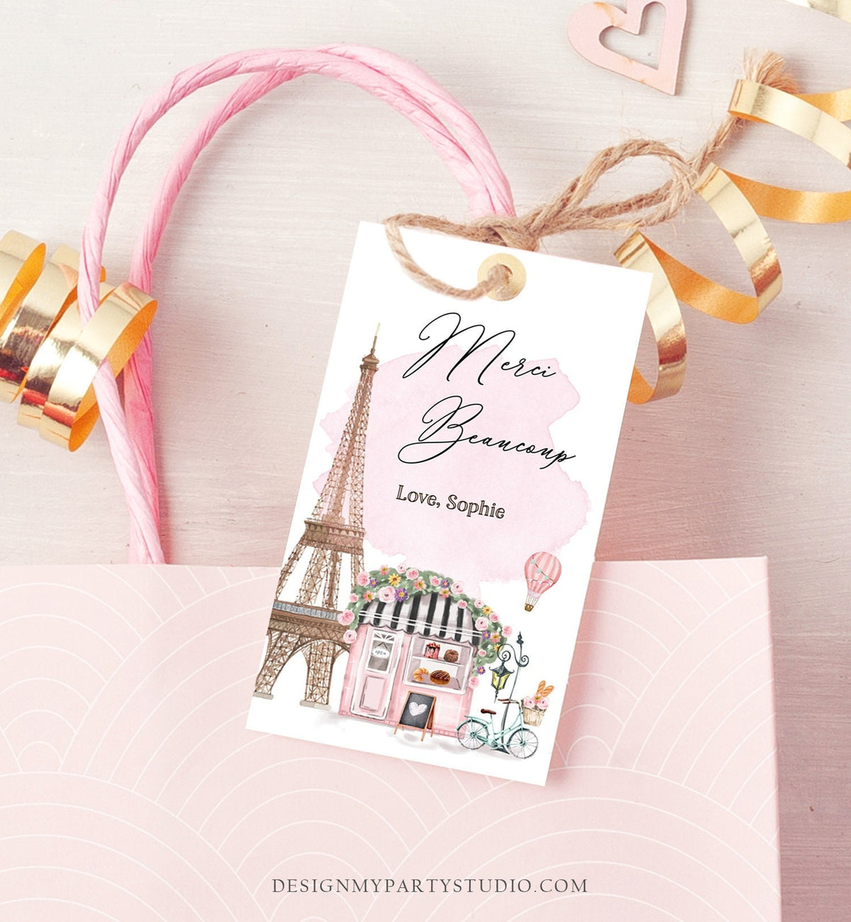 Editable Paris Birthday Favor Tag Merci Beaucoup French Patisserie Parisian Cafe French Baby Shower Gift Tag Digital Corjl Template 0441