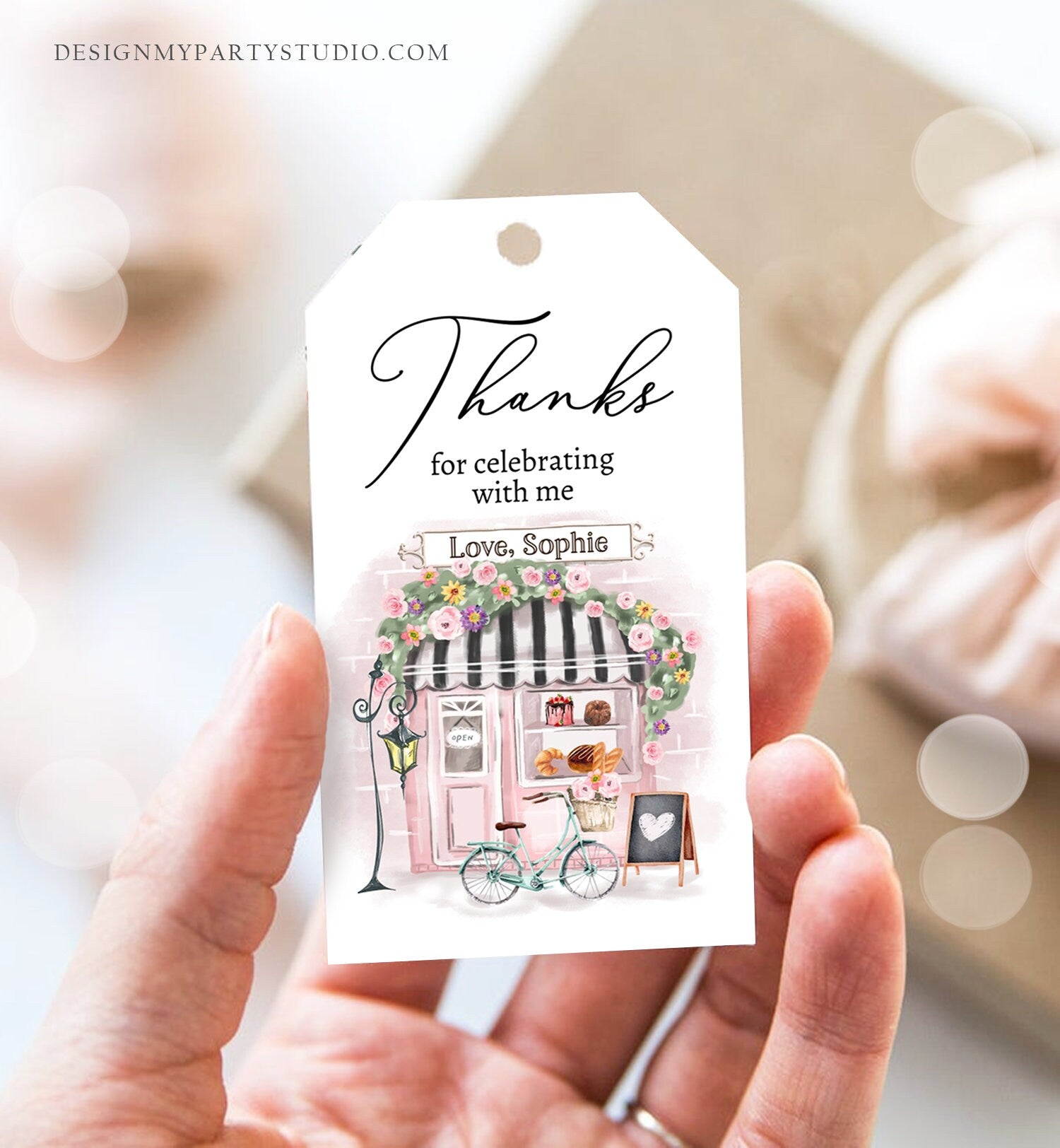 Editable Paris Birthday Favor Tag French Patisserie Parisian Cafe French Baby Shower Gift Tag Floral Tea Party Digital Corjl Template 0441