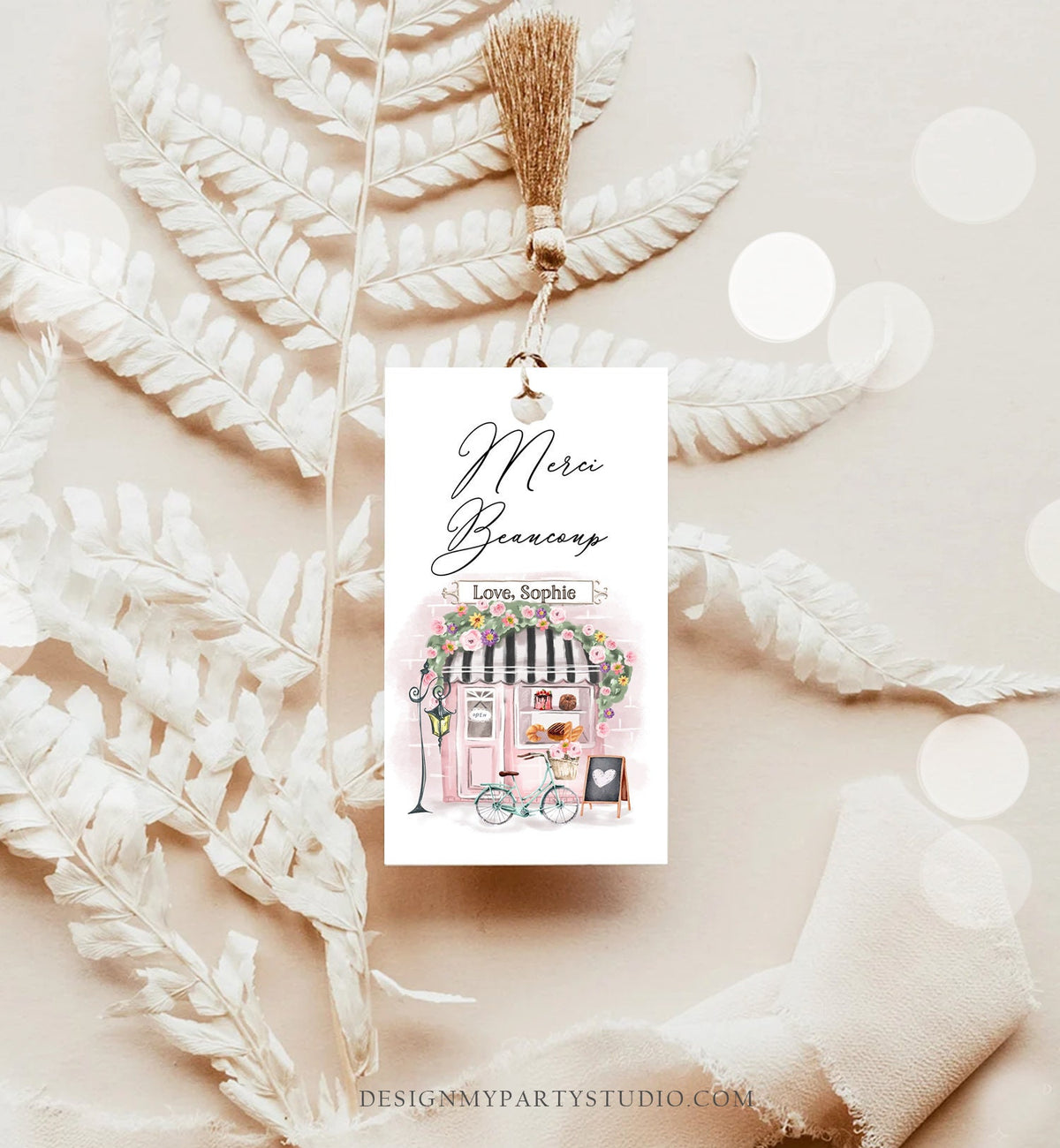 Editable Paris Birthday Favor Tag Merci Beaucoup French Patisserie Parisian Cafe French Baby Shower Gift Tag Digital Corjl Template 0441