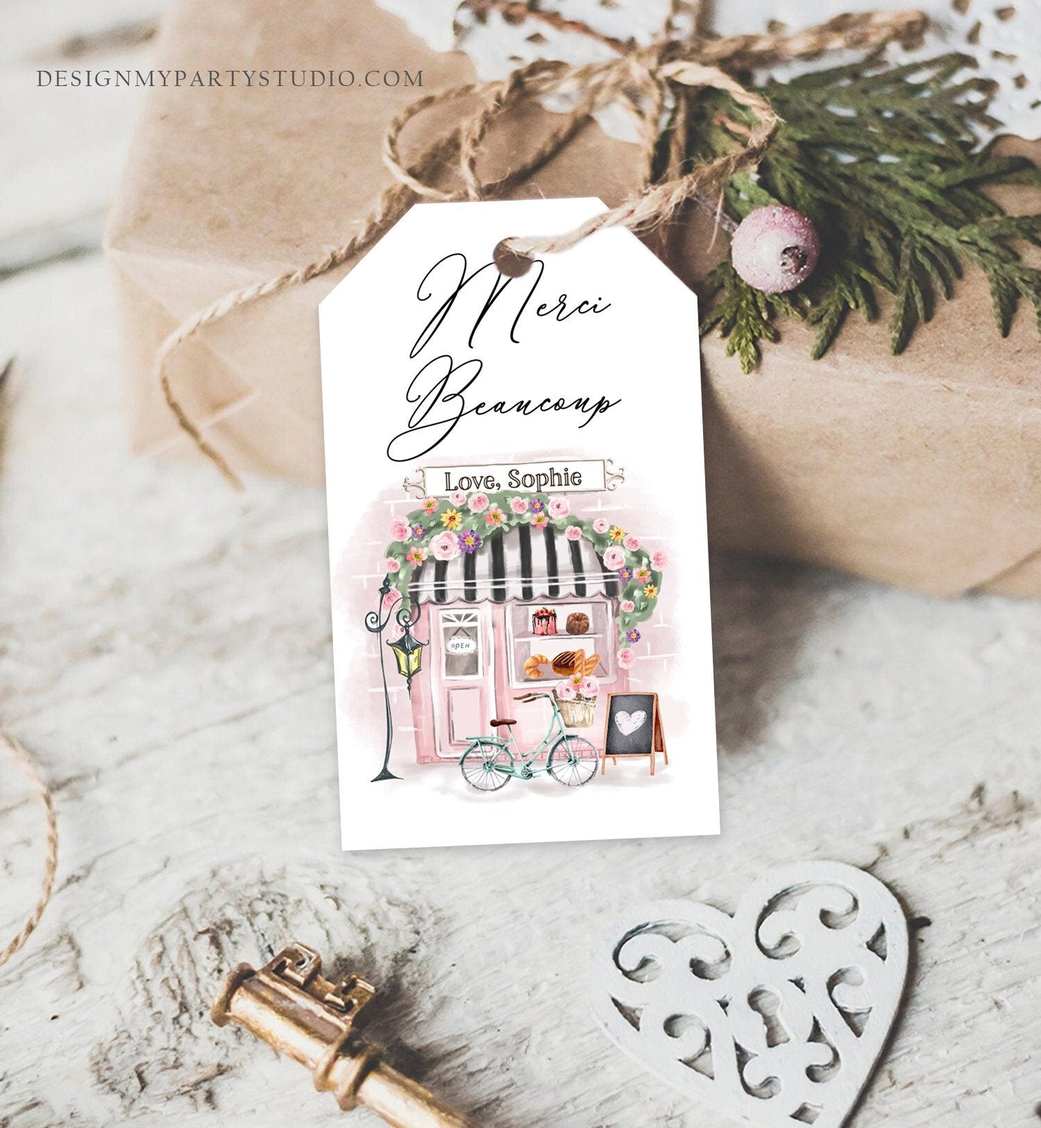 Editable Paris Birthday Favor Tag Merci Beaucoup French Patisserie Parisian Cafe French Baby Shower Gift Tag Digital Corjl Template 0441