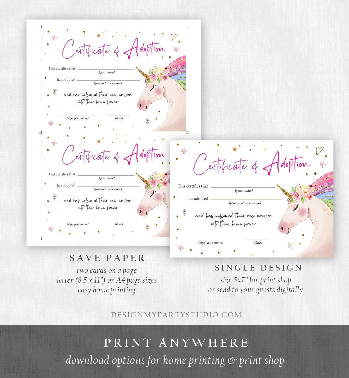 Adopt a Unicorn Certificate Unicorn Adoption Unicorn Birthday Party Magical Birthday Rainbow Girl Instant Download Digital Printable 0411