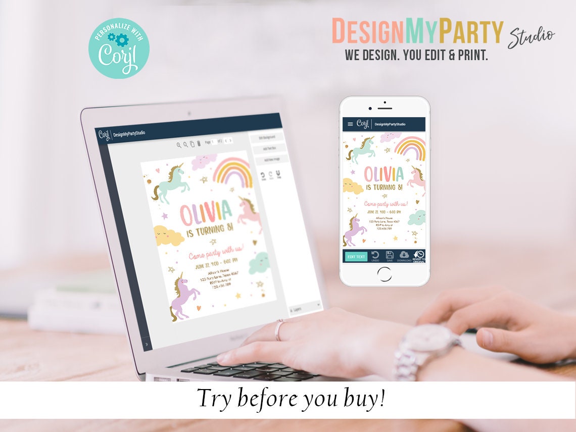 Unicorn Birthday Invitation Bundle Magical Party Rainbow Birthday Pink Girl Package 1st Pastel Party Pack Printable Corjl Template 0426