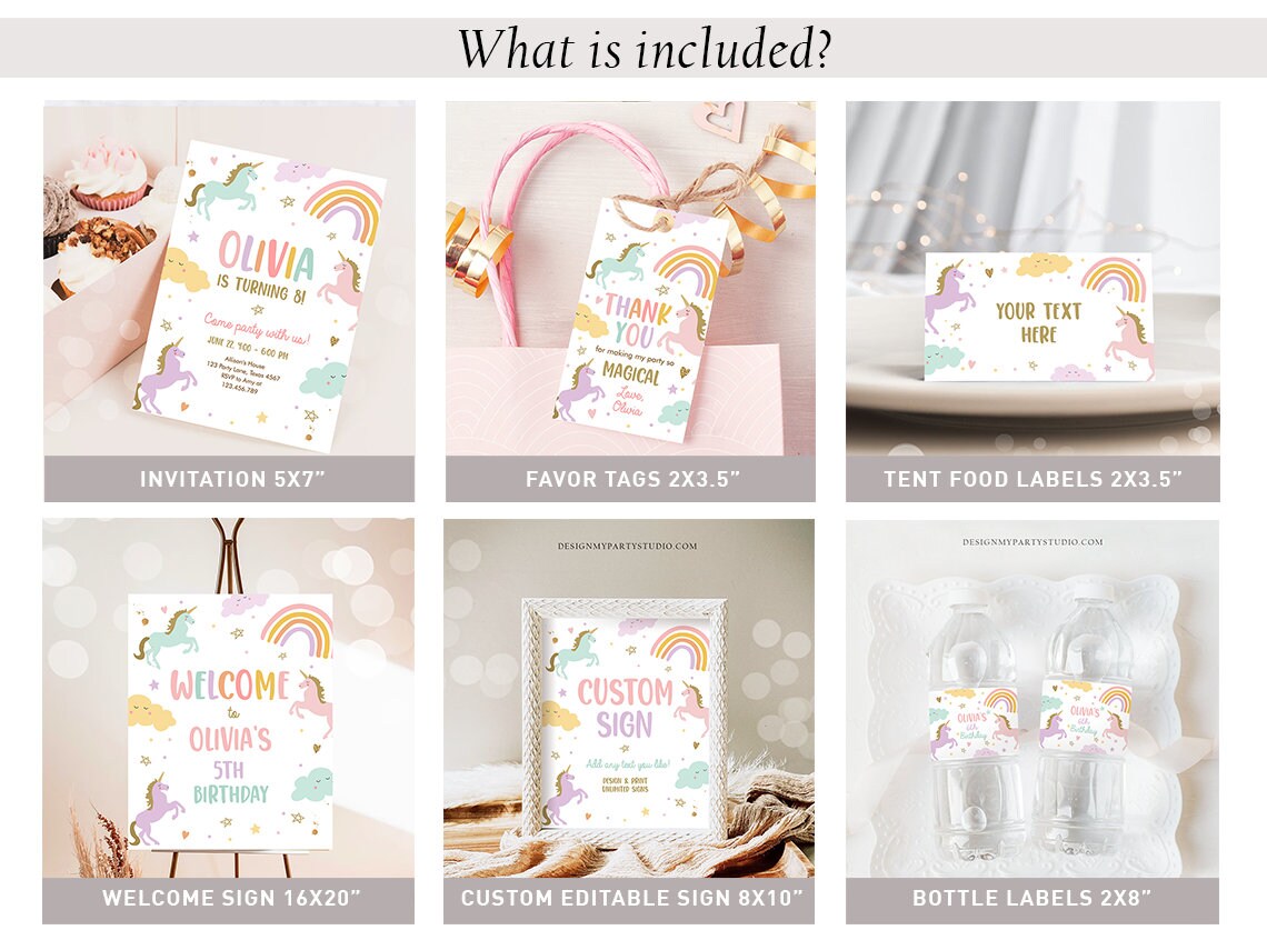 Unicorn Birthday Invitation Bundle Magical Party Rainbow Birthday Pink Girl Package 1st Pastel Party Pack Printable Corjl Template 0426