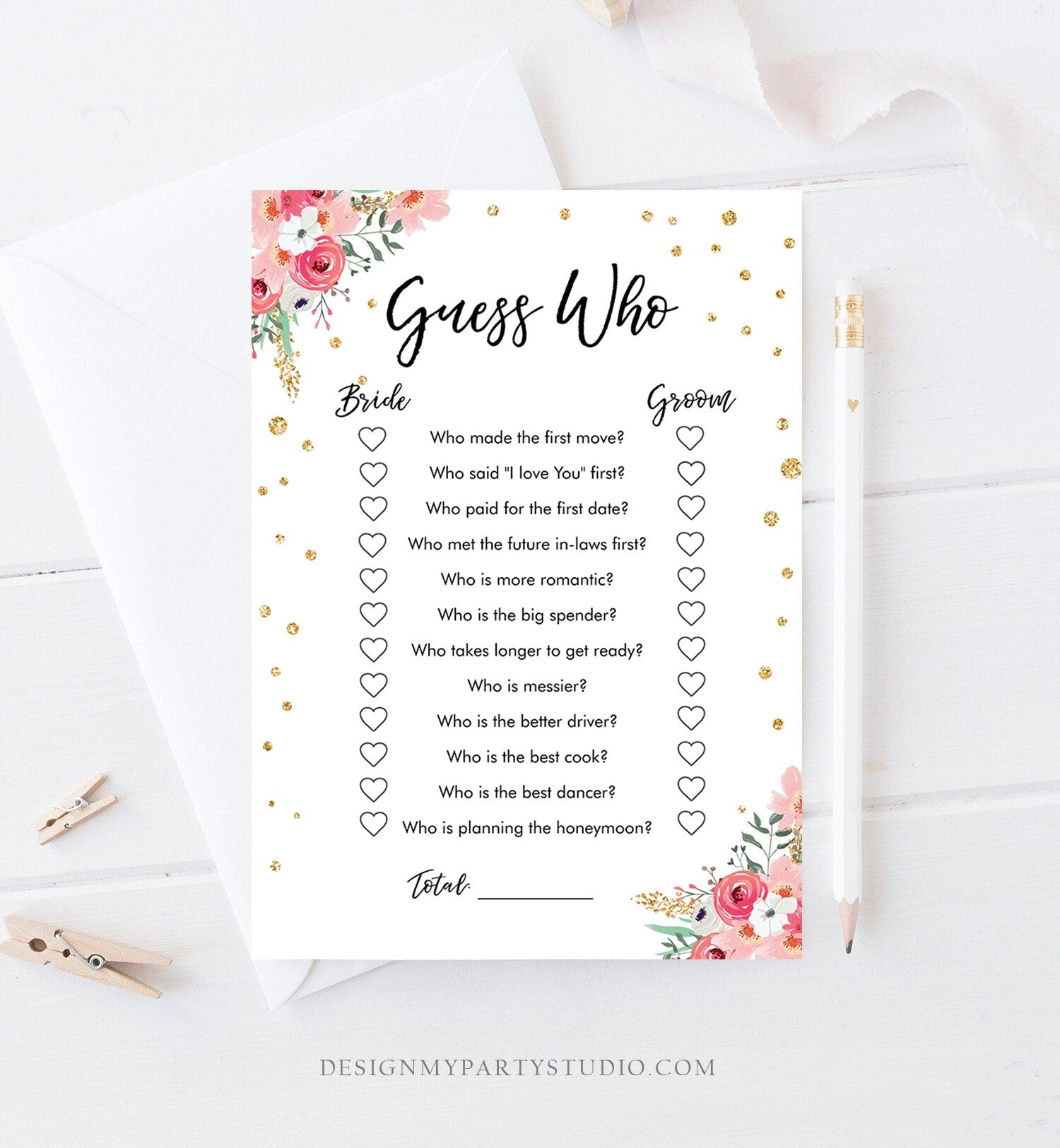 Editable Guess Who Bridal Shower Game Floral Bride Groom Said Wedding Shower Activity Flowers Pink Gold Corjl Template Printable 0030