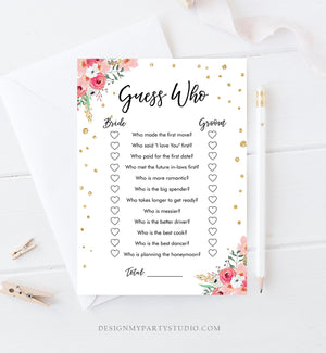 Editable Guess Who Bridal Shower Game Floral Bride Groom Said Wedding Shower Activity Flowers Pink Gold Corjl Template Printable 0030