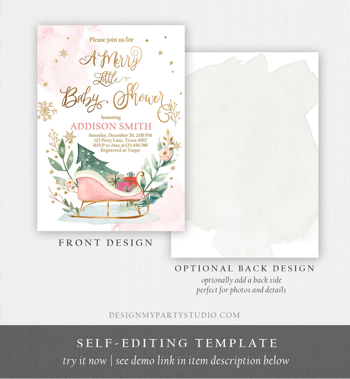Editable Winter Baby Shower Invitation Pink Girl Christmas Merry Little Sleigh Watercolor Digital Download Evite Template Printable 0353