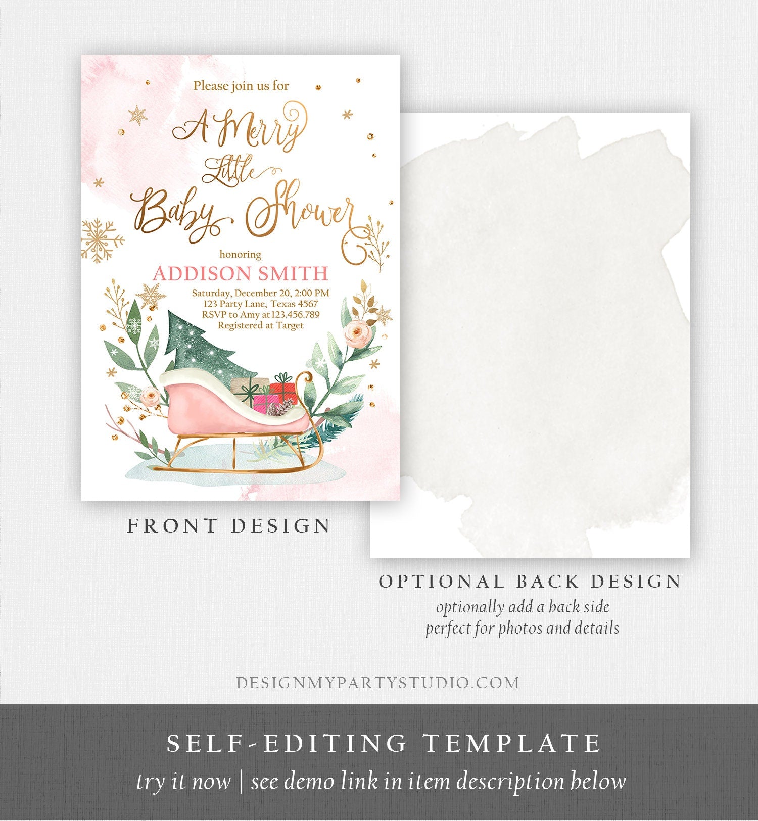 Editable Winter Baby Shower Invitation Pink Girl Christmas Merry Little Sleigh Watercolor Digital Download Evite Template Printable 0353