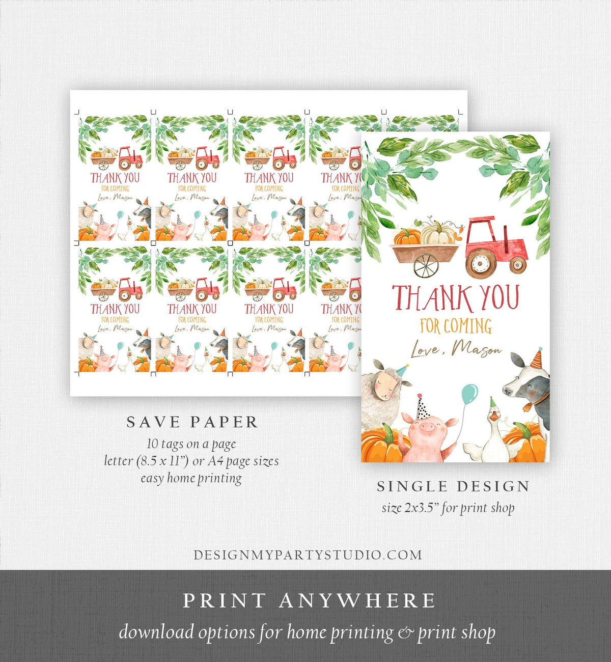 Editable Pumpkin Farm Favor Tags Tags Boy Red Tractor Birthday Thank You Barnyard Fall Gift Tags Farm Birthday Template PRINTABLE Corjl 0155