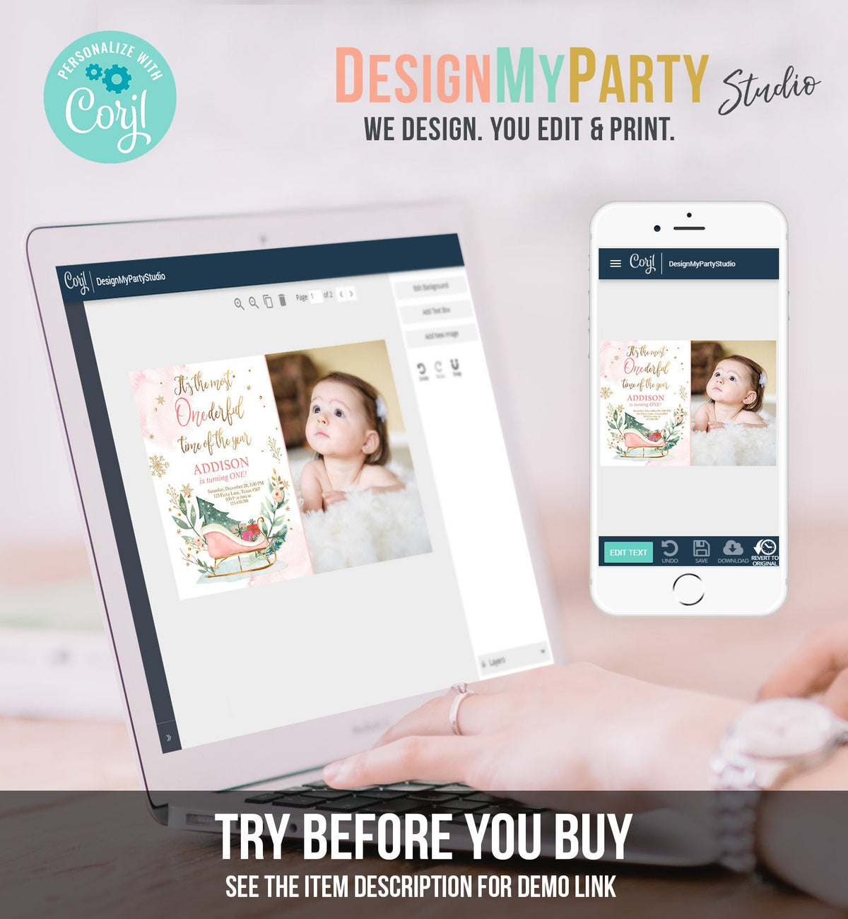 Editable Most Onederful Time of The Year 1st Birthday Invitation Winter Christmas Party Sleigh Trees Girl Digital Template Printable 0353