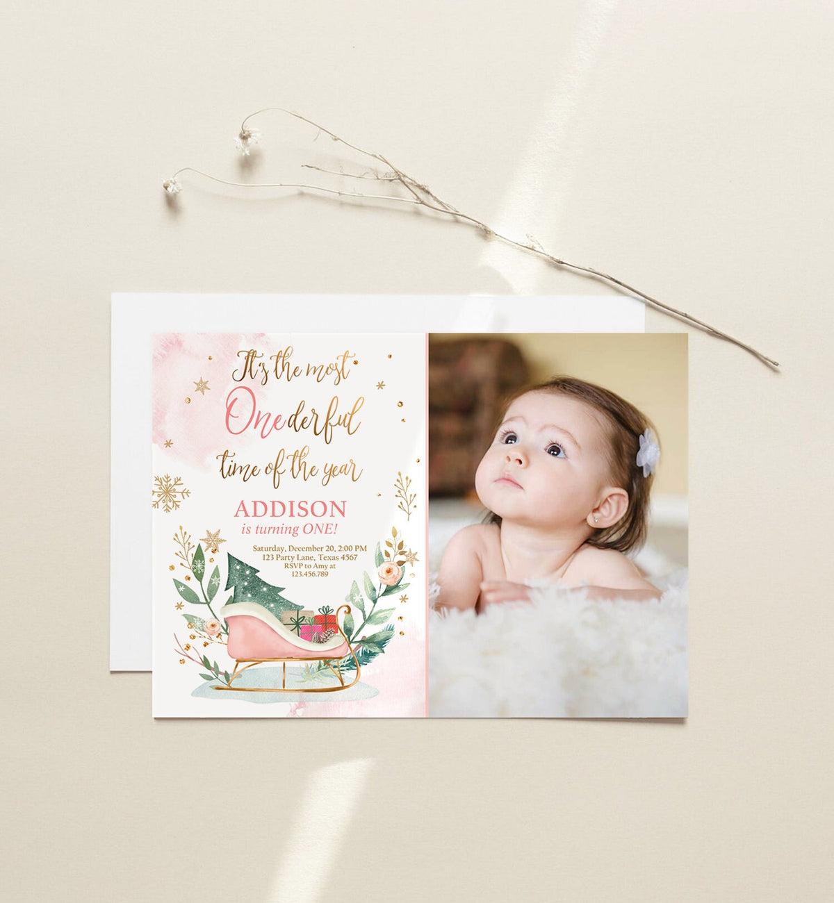 Editable Most Onederful Time of The Year 1st Birthday Invitation Winter Christmas Party Sleigh Trees Girl Digital Template Printable 0353