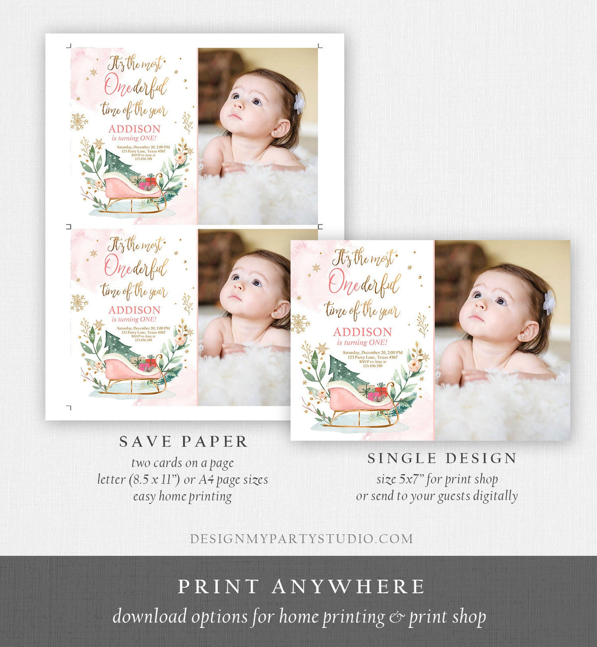 Editable Most Onederful Time of The Year 1st Birthday Invitation Winter Christmas Party Sleigh Trees Girl Digital Template Printable 0353