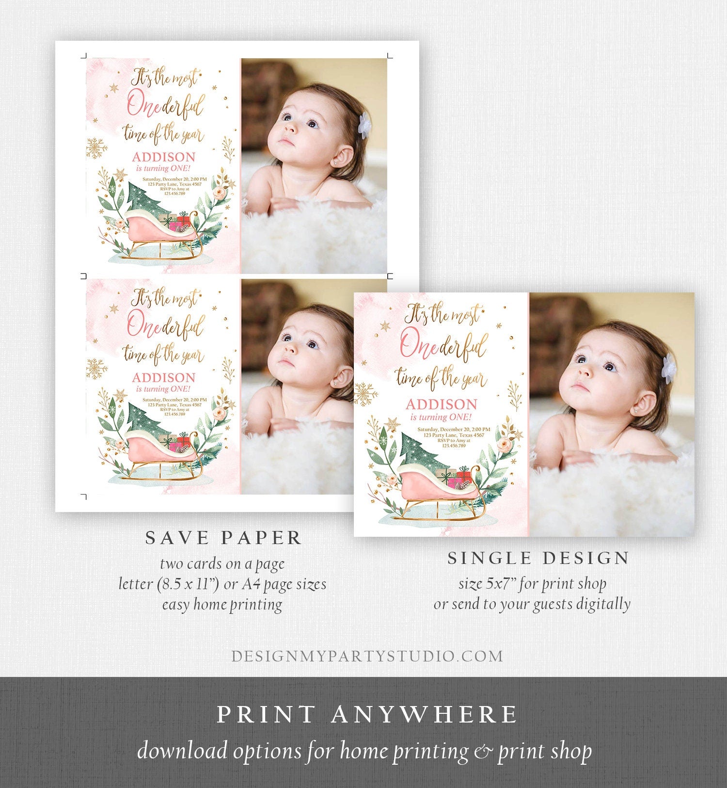 Editable Most Onederful Time of The Year 1st Birthday Invitation Winter Christmas Party Sleigh Trees Girl Digital Template Printable 0353