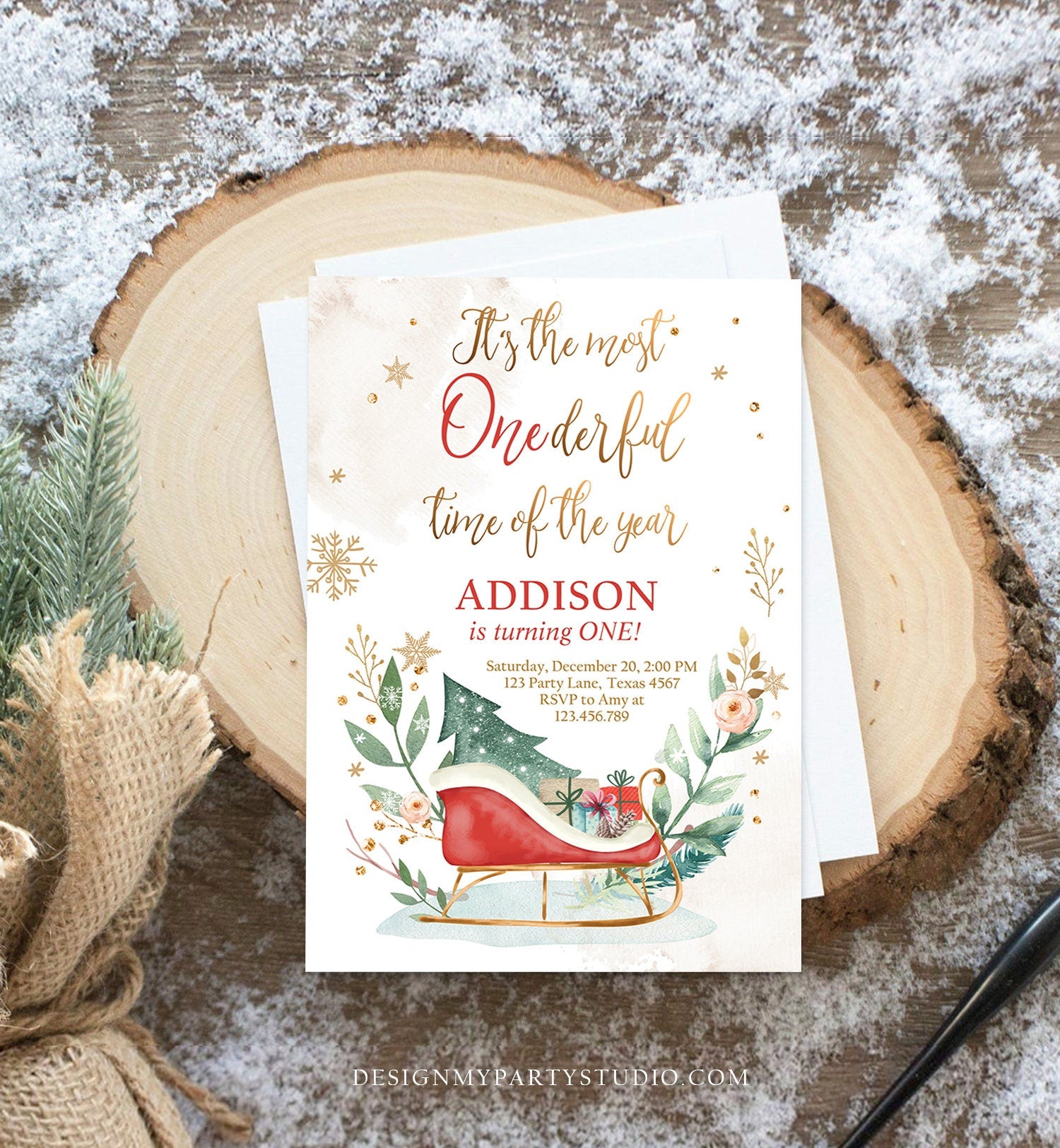 Editable Most Onederful Time of The Year 1st Birthday Invitation Winter Christmas Party Red Sleigh Tree Boy Girl Printable Template DIY 0353
