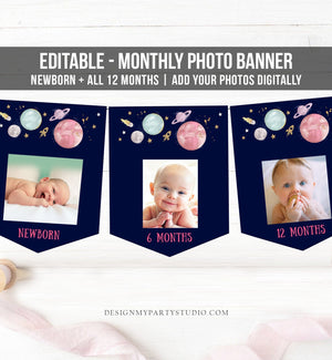 Editable Outer Space Birthday Banner Monthly Photo Banner First Trip Around the Sun Galaxy Digital Download Corjl Template Printable 0357