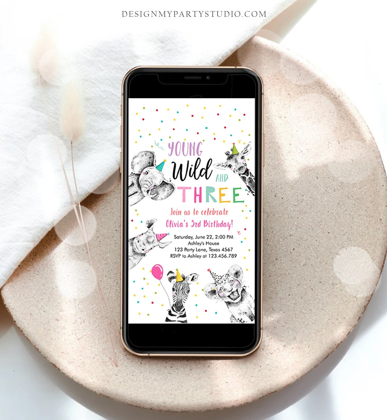Editable Party Animals Birthday Evite Young Wild and Three Invitation Safari Animals Girl Download Digital Invite iPhone Template Corjl 0390
