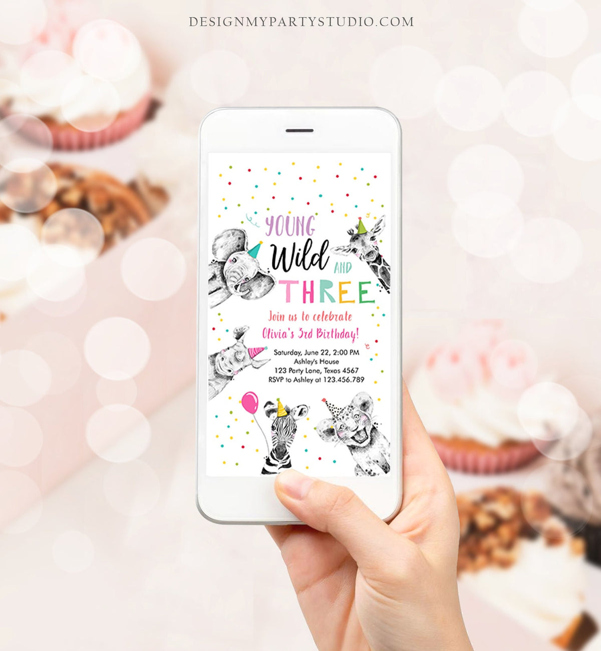 Editable Party Animals Birthday Evite Young Wild and Three Invitation Safari Animals Girl Download Digital Invite iPhone Template Corjl 0390