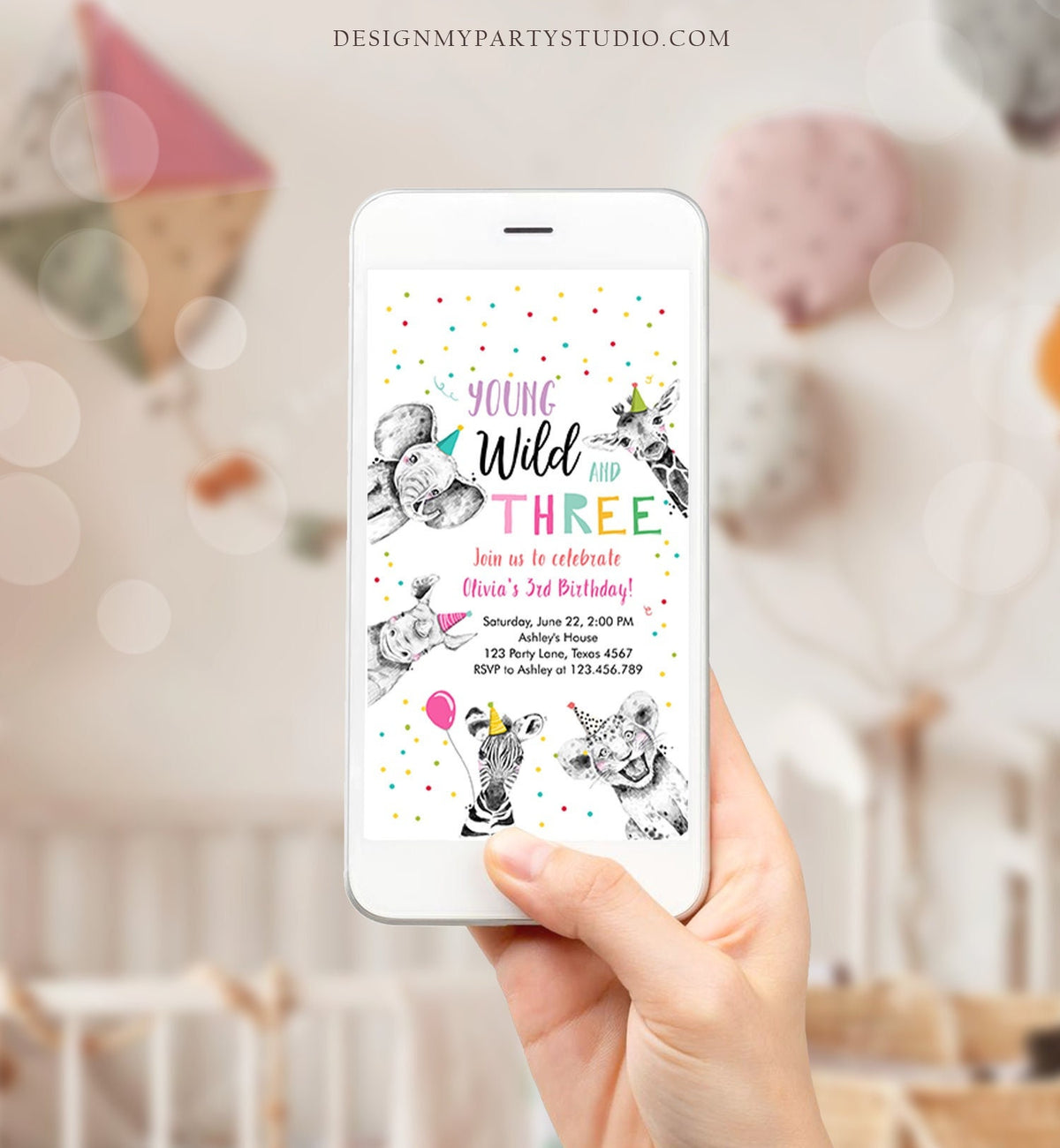 Editable Party Animals Birthday Evite Young Wild and Three Invitation Safari Animals Girl Download Digital Invite iPhone Template Corjl 0390