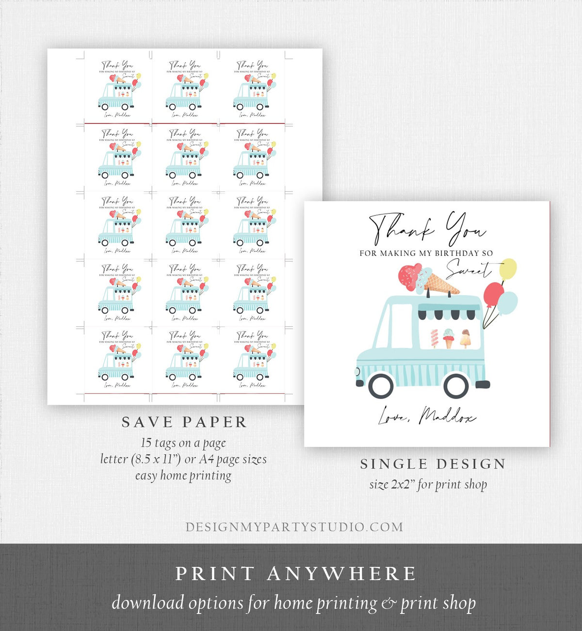 Editable Ice Cream Truck Favor Thank You Tags Ice Cream Birthday Party Modern Boy Blue Truck Gift Bag Labels Digital Template Printable 0415