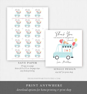 Editable Ice Cream Truck Favor Thank You Tags Ice Cream Birthday Party Modern Boy Blue Truck Gift Bag Labels Corjl Template PRINTABLE 0415