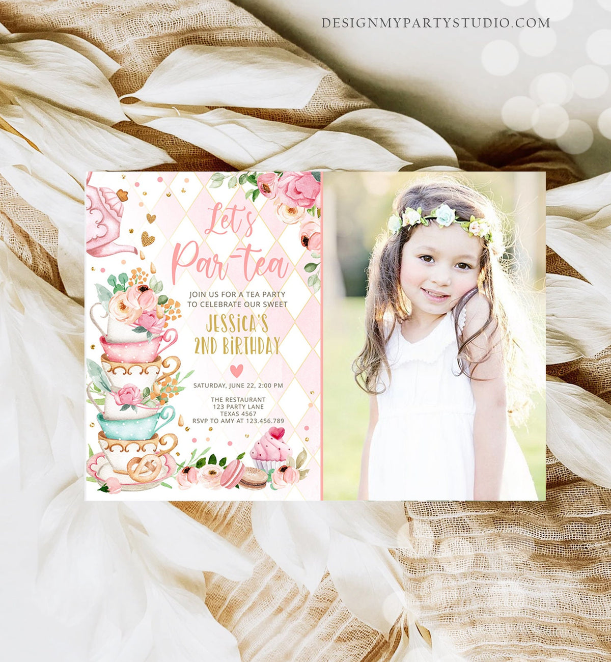Editable Tea Party Birthday Invitation Girl Par-Tea Invite Floral Pink Whimsical Tea Photo Download Printable Template Corjl Digital 0349