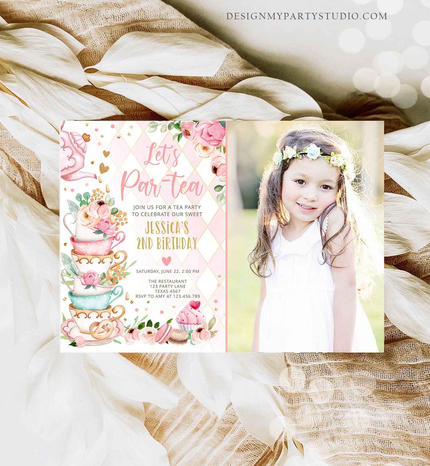 Editable Tea Party Birthday Invitation Girl Par-Tea Invite Floral Pink Whimsical Tea Photo Download Printable Template Corjl Digital 0349