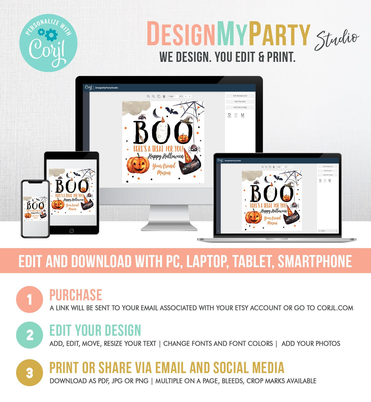 Editable Halloween Favor Tags Boo Gift Tags Costume Party Trick Or Treat Sticker Round Birthday Party Download Printable Template Corjl 0261