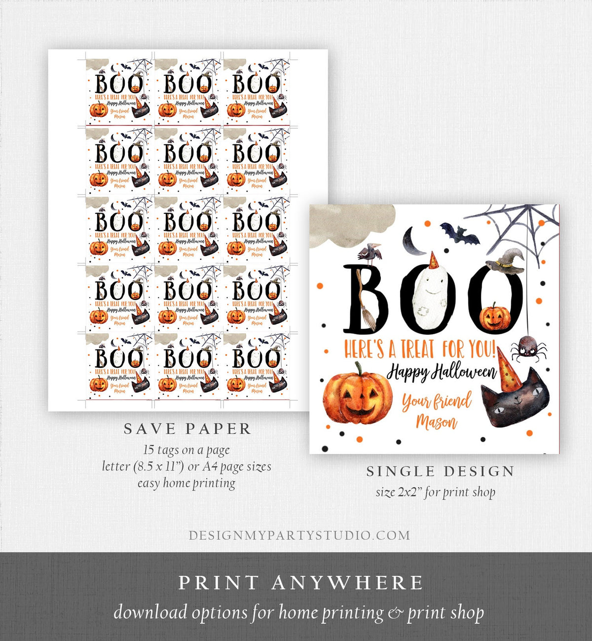 Editable Halloween Favor Tags Boo Gift Tags Costume Party Trick Or Treat Sticker Round Birthday Party Download Printable Template Corjl 0261