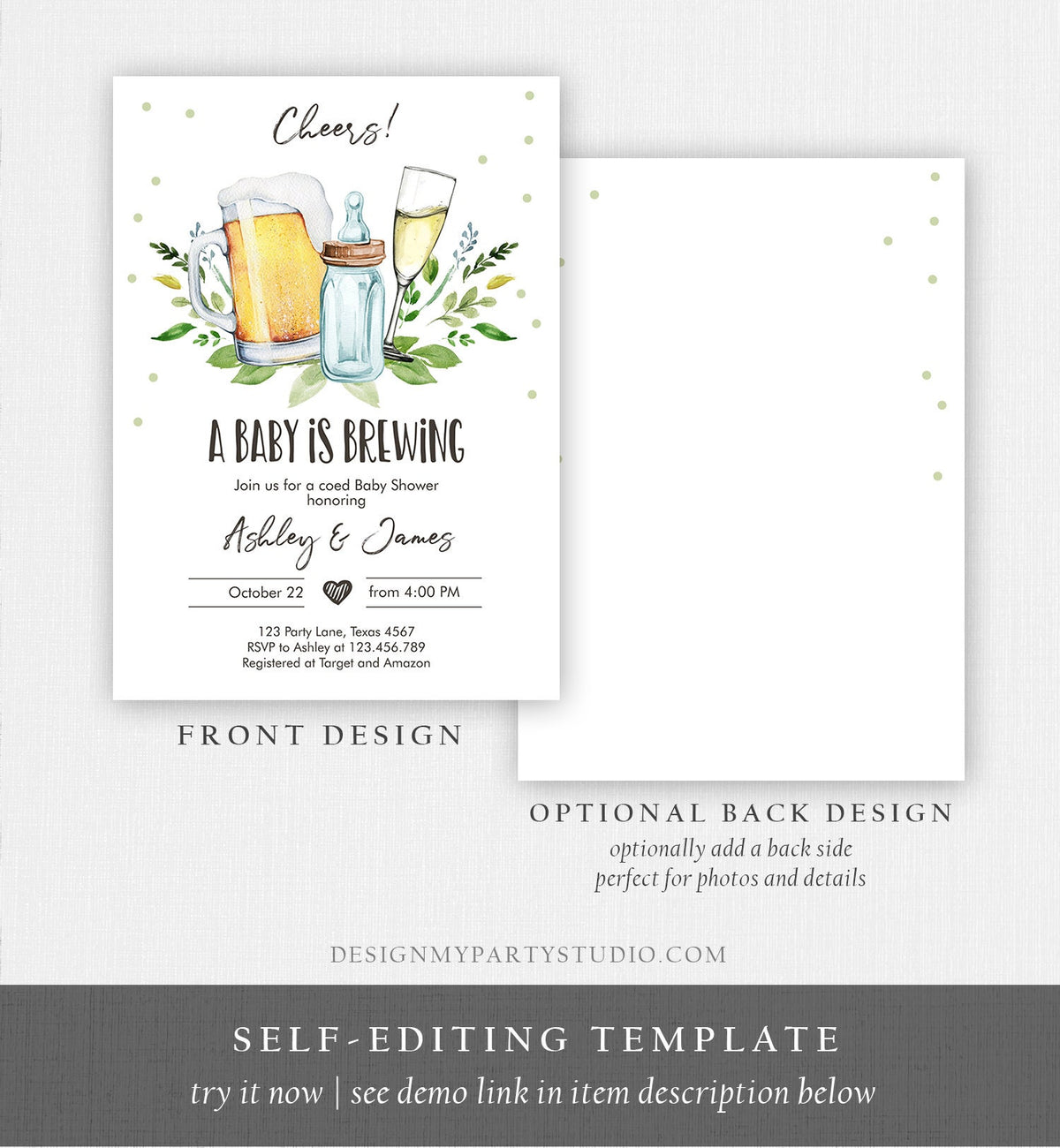 Editable A Baby is Brewing Invitation Bottle and Beers Baby Shower Cheers Coed Couples Shower Download Printable Template Digital Evite 0190