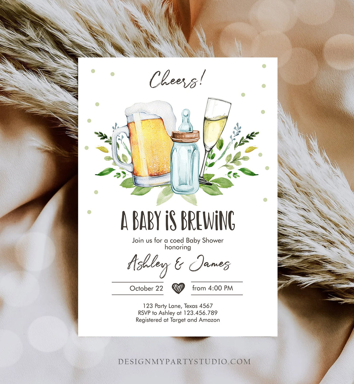 Editable A Baby is Brewing Invitation Bottle and Beers Baby Shower Cheers Coed Couples Shower Download Printable Template Digital Evite 0190