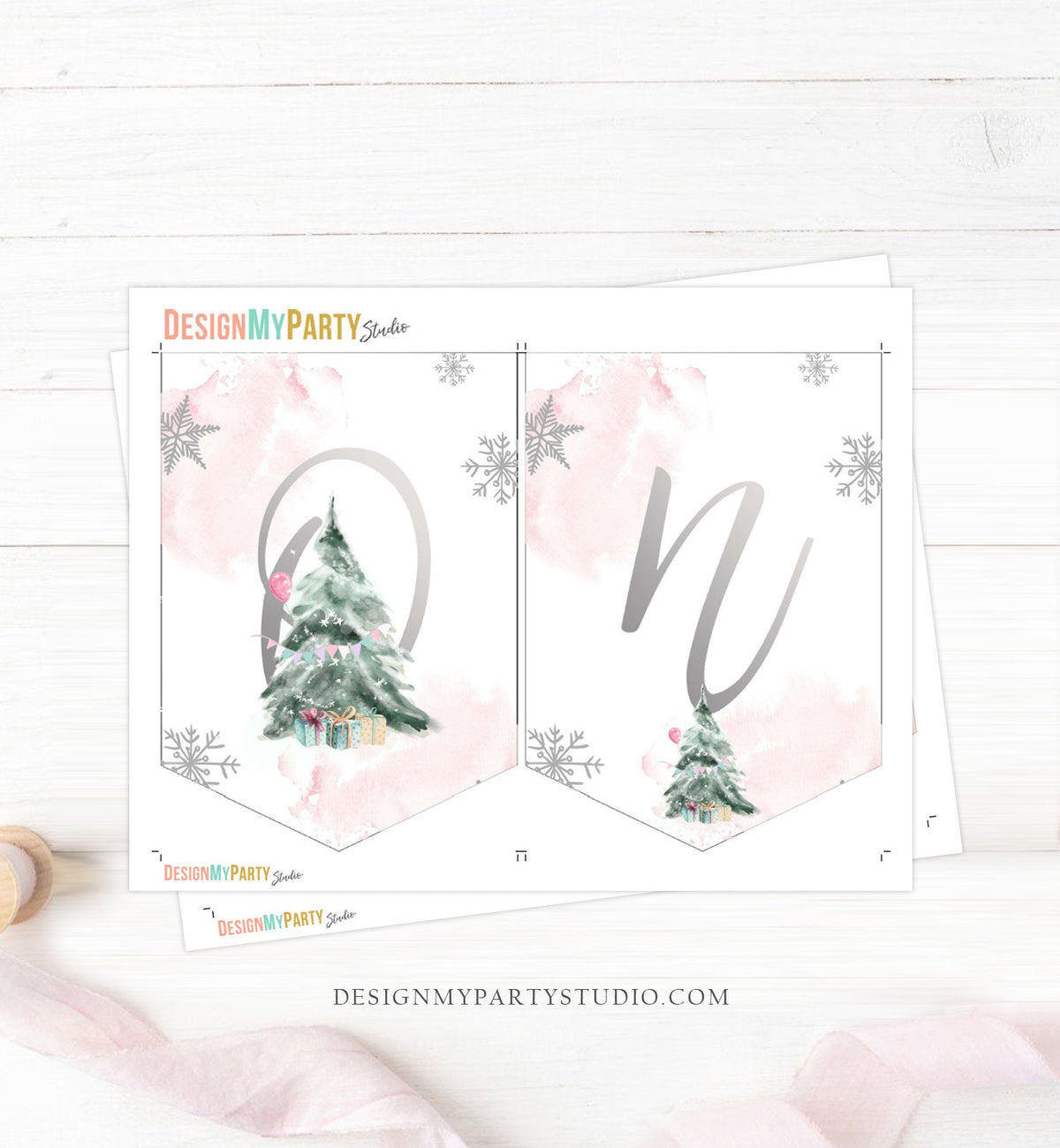One High Chair Banner Winter Onederland Girl 1st First Birthday Pink Christmas Birthday Oh What Fun ONE Tree Decor Digital Printable 0363