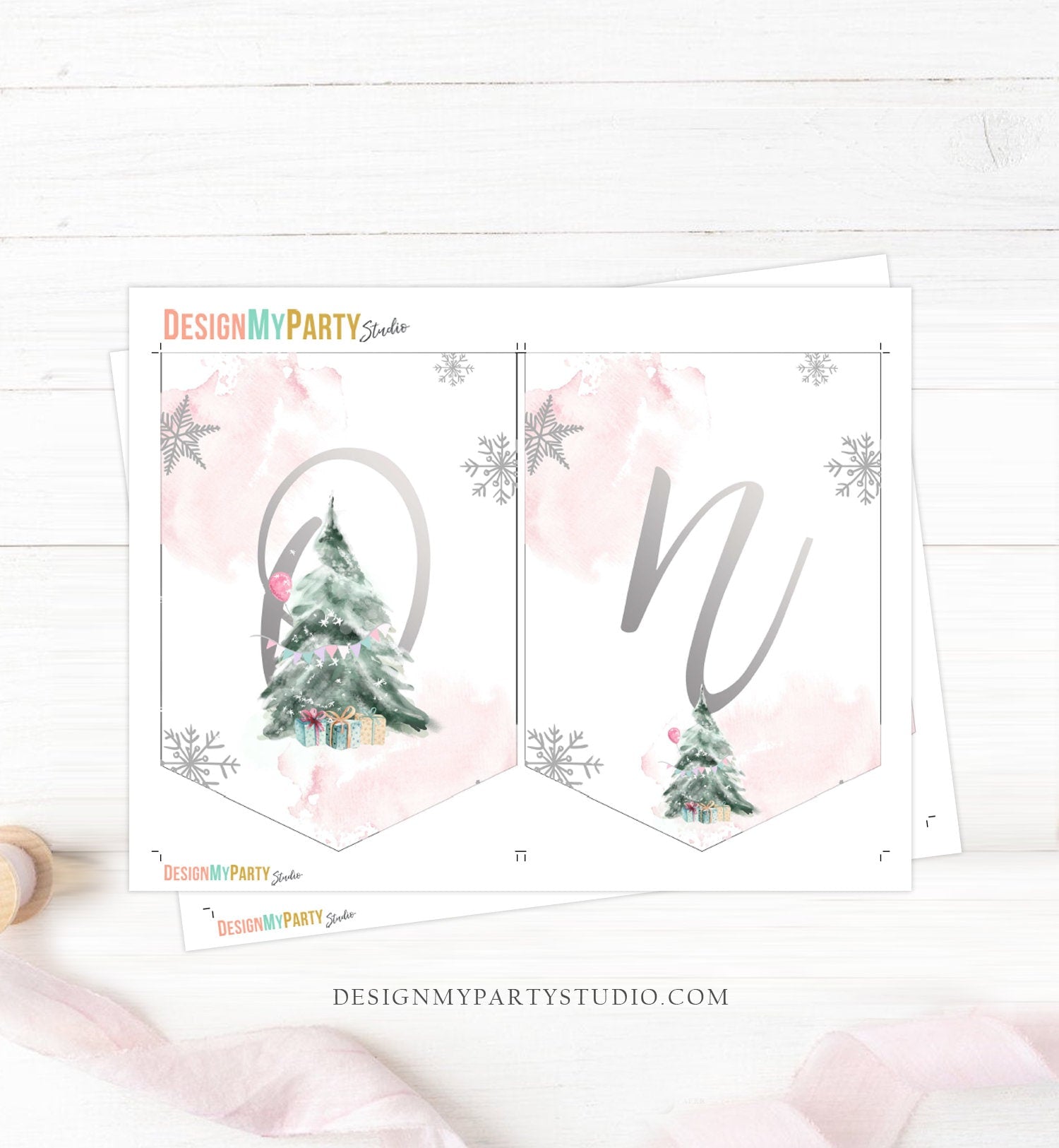 One High Chair Banner Winter Onederland Girl 1st First Birthday Pink Christmas Birthday Oh What Fun ONE Tree Decor Digital Printable 0363