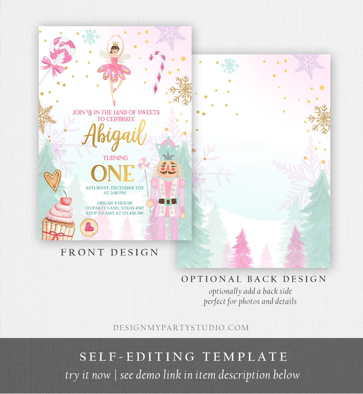 Editable Nutcracker Birthday Invitation Girl Land of Sweets Invite Winter Pink Girl Sugar Plum Fairy Download Evite Template Printable 0352