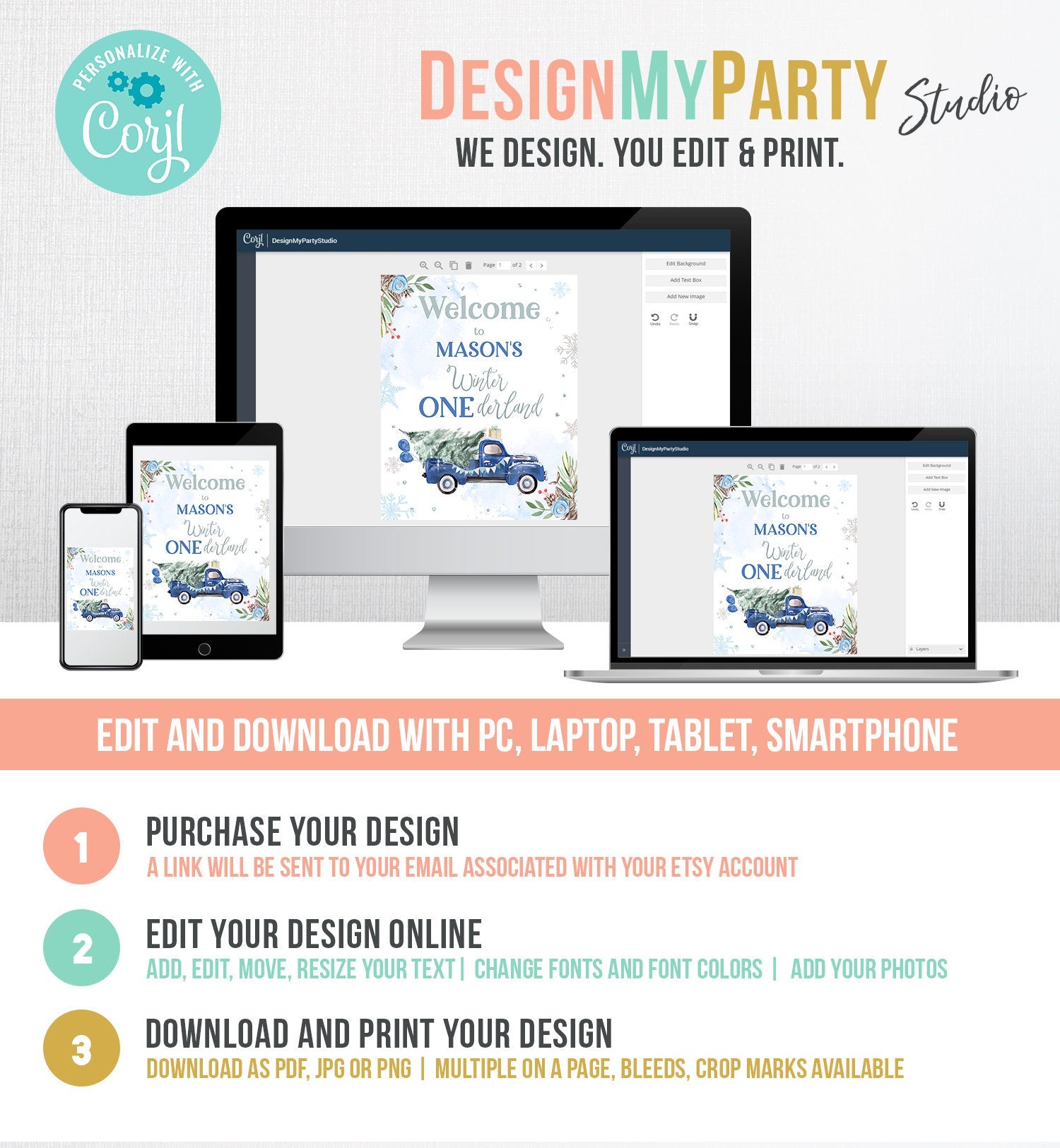 Editable Winter Onederland Welcome Sign Tree Blue Boy Silver First Birthday Snowflake Wonderland Truck Tree Digital Template Printable 0356