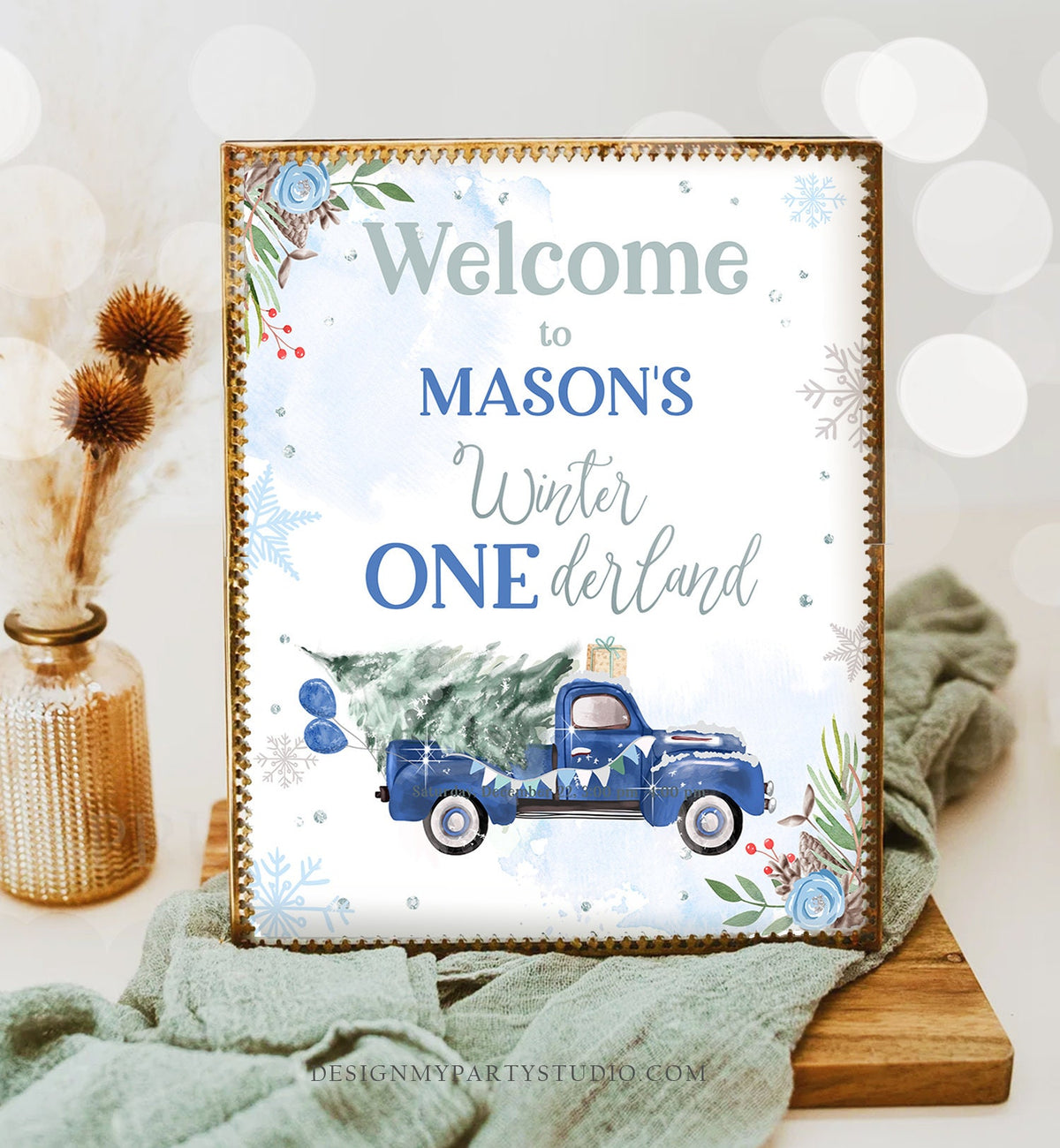 Editable Winter Onederland Welcome Sign Tree Blue Boy Silver First Birthday Snowflake Wonderland Truck Tree Digital Template Printable 0356