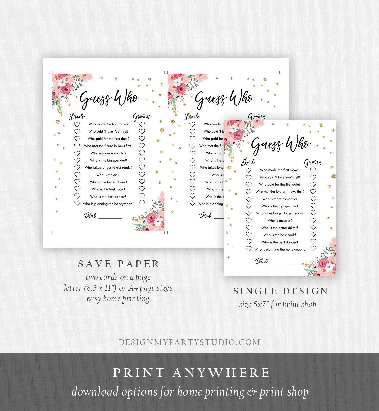 Editable Guess Who Bridal Shower Game Floral Bride Groom Said Wedding Shower Activity Flowers Pink Gold Digital Template Printable 0030