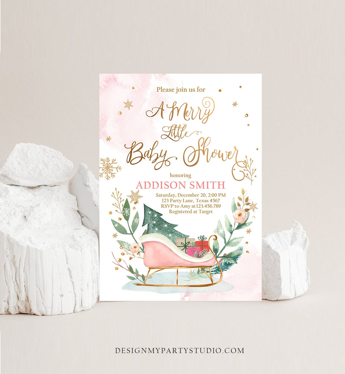 Editable Winter Baby Shower Invitation Pink Girl Christmas Merry Little Sleigh Watercolor Digital Download Evite Template Printable 0353