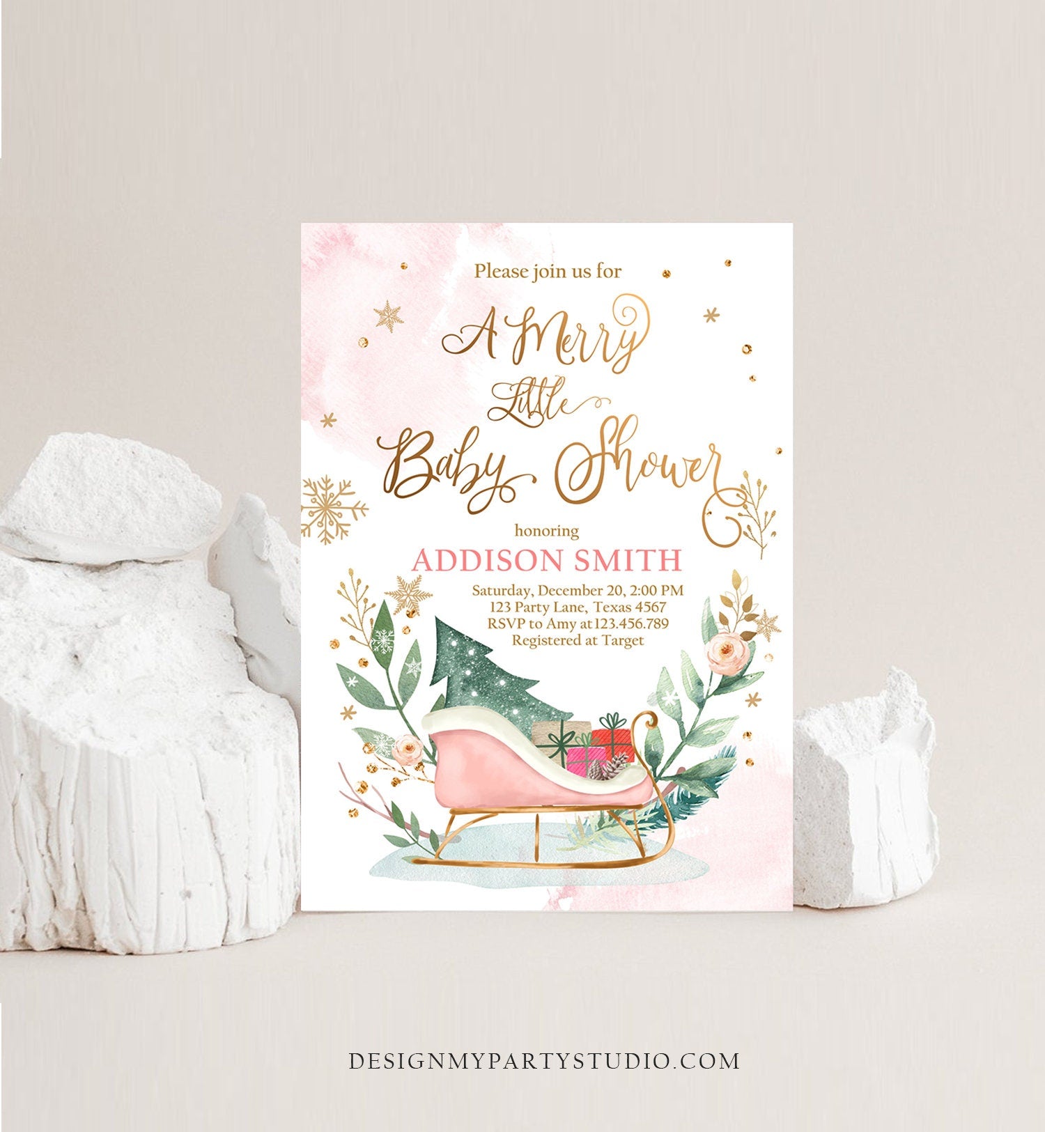 Editable Winter Baby Shower Invitation Pink Girl Christmas Merry Little Sleigh Watercolor Digital Download Evite Template Printable 0353