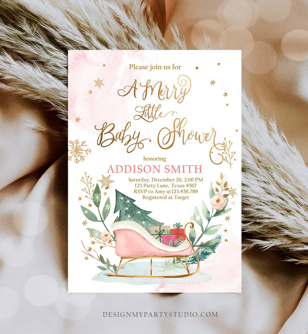 Editable Winter Baby Shower Invitation Pink Girl Christmas Merry Little Sleigh Watercolor Digital Download Evite Template Printable 0353