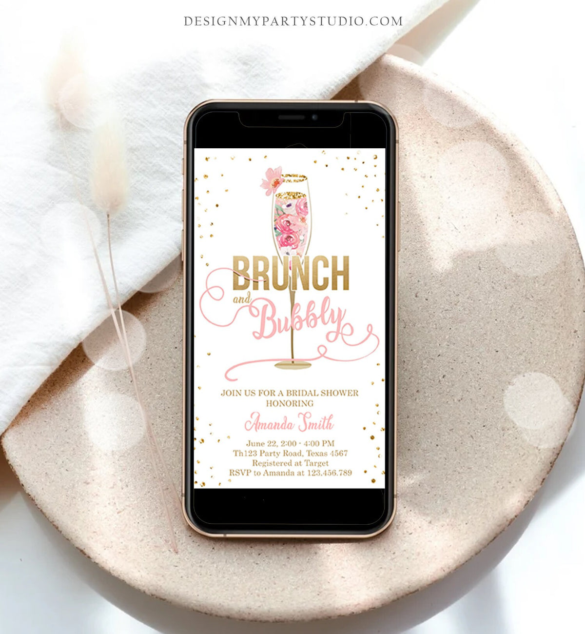Editable Brunch and Bubbly Bridal Shower Evite Floral Champagne Gold Pink Wedding Download Phone Digital Electronic Template Corjl 0150