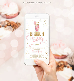 Editable Brunch and Bubbly Bridal Shower Evite Floral Champagne Gold Pink Wedding Download Phone Digital Electronic Template Corjl 0150