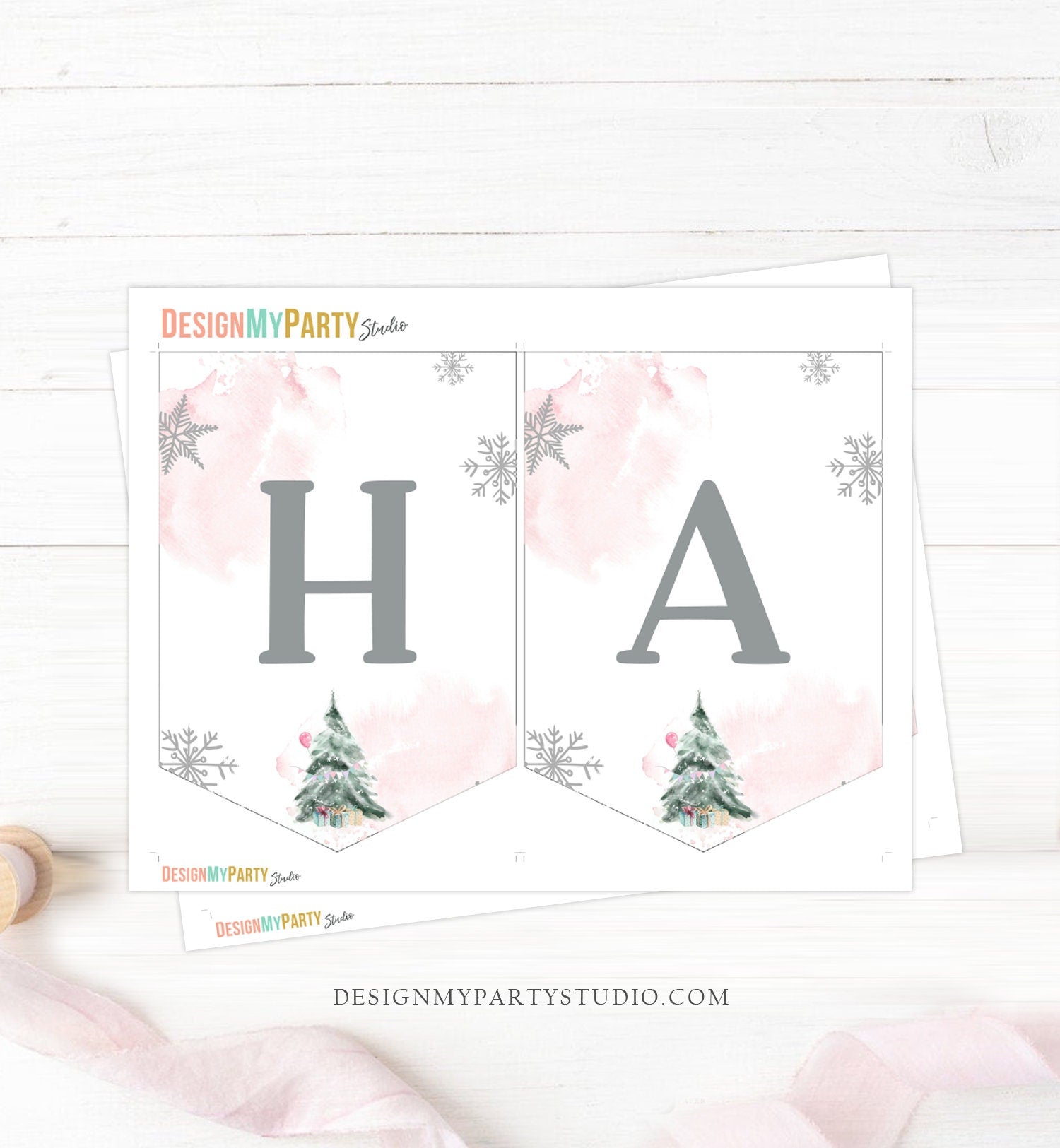 Happy Birthday Banner Winter Birthday Girl Winter Onederland Decorations Christmas Tree Watercolor Pink Digital Download Printable 0363