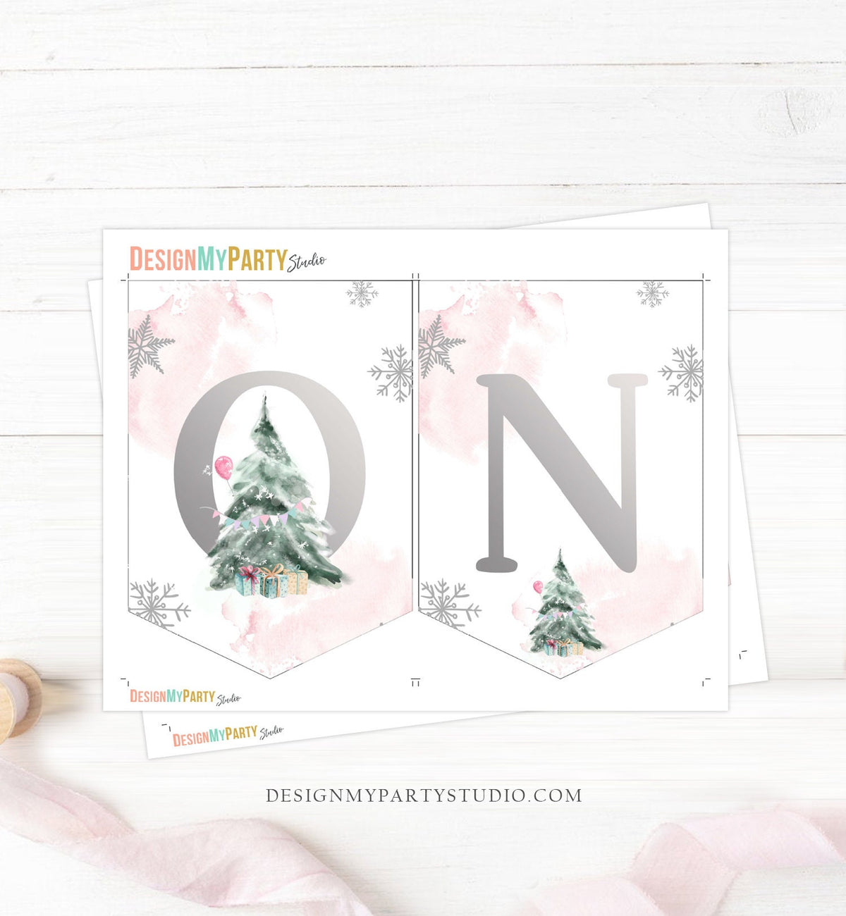 One High Chair Banner Winter Onederland Girl 1st First Birthday Pink Christmas Oh What Fun ONE Tree Decor Digital Download Printable 0363