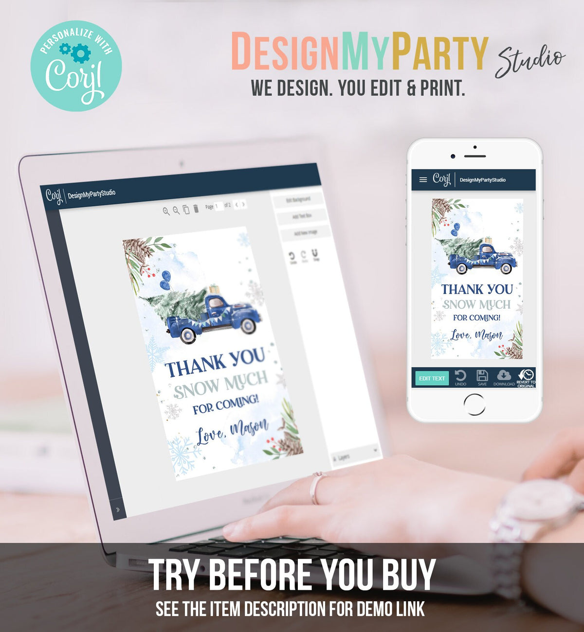 Editable Winter Onederland Favor Tag Christmas Tree Thank You Snow Much Blue Truck Birthday 1st Gift Tag Boy Digital Template Printable 0356