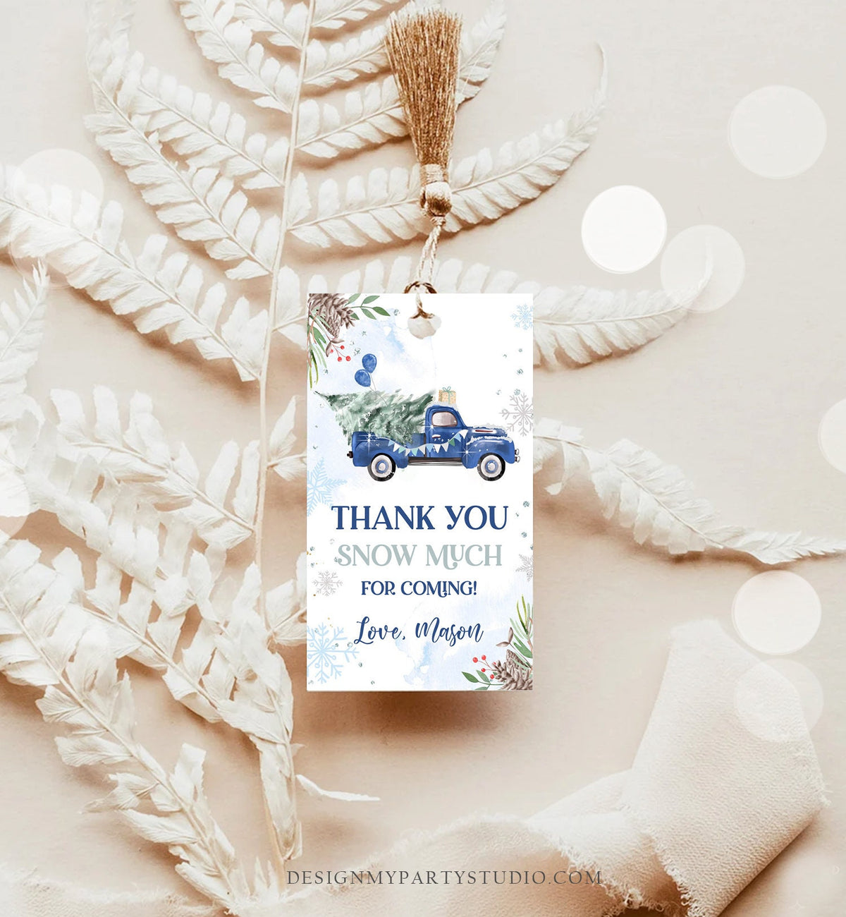 Editable Winter Onederland Favor Tag Christmas Tree Thank You Snow Much Blue Truck Birthday 1st Gift Tag Boy Digital Template Printable 0356