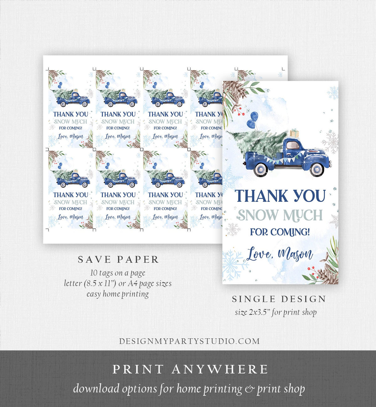 Editable Winter Onederland Favor Tag Christmas Tree Thank You Snow Much Blue Truck Birthday 1st Gift Tag Boy Digital Template Printable 0356