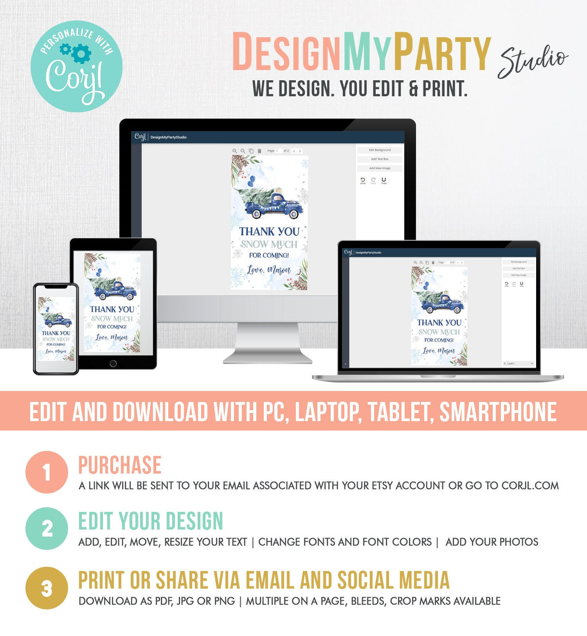 Editable Winter Onederland Favor Tag Christmas Tree Thank You Snow Much Blue Truck Birthday 1st Gift Tag Boy Digital Template Printable 0356