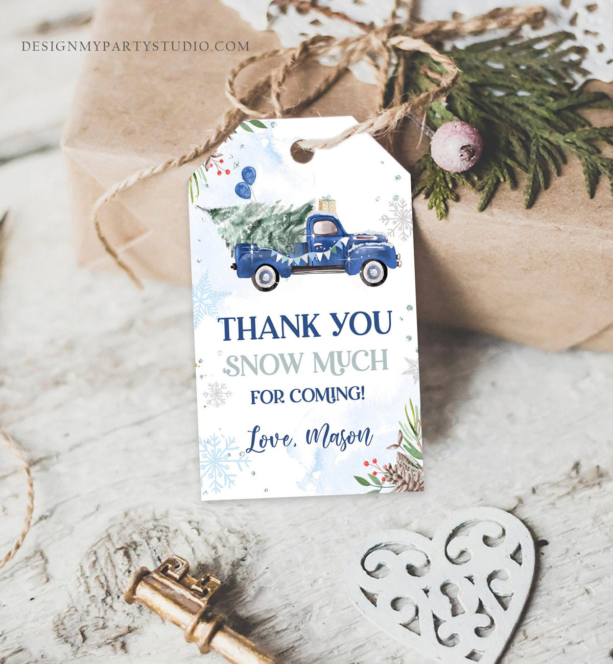 Editable Winter Onederland Favor Tag Christmas Tree Thank You Snow Much Blue Truck Birthday 1st Gift Tag Boy Digital Template Printable 0356
