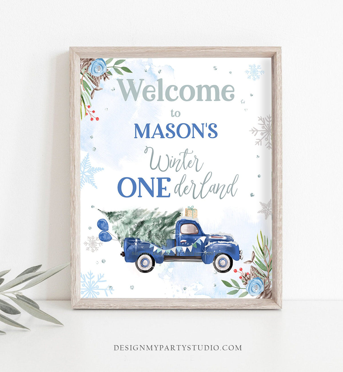 Editable Winter Onederland Welcome Sign Tree Blue Boy Silver First Birthday Snowflake Wonderland Truck Tree Digital Template Printable 0356
